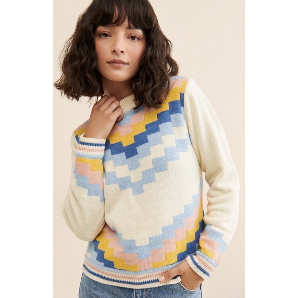 Callahan Cream Sweater with Blue, Yellow and Pink Geo Pattern